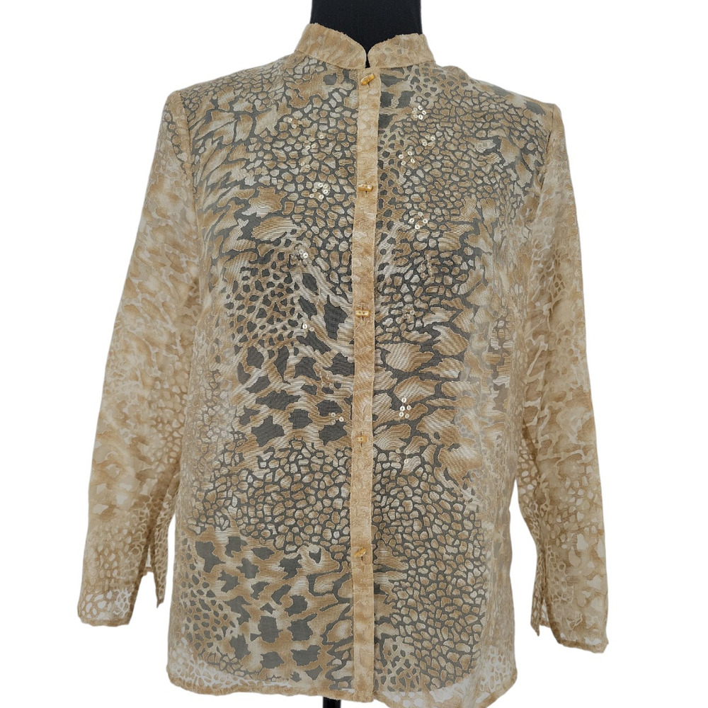 Sheer Gold Leopard Print Top Sequin Party‎ Holiday Layering Indie Sleaze Size S